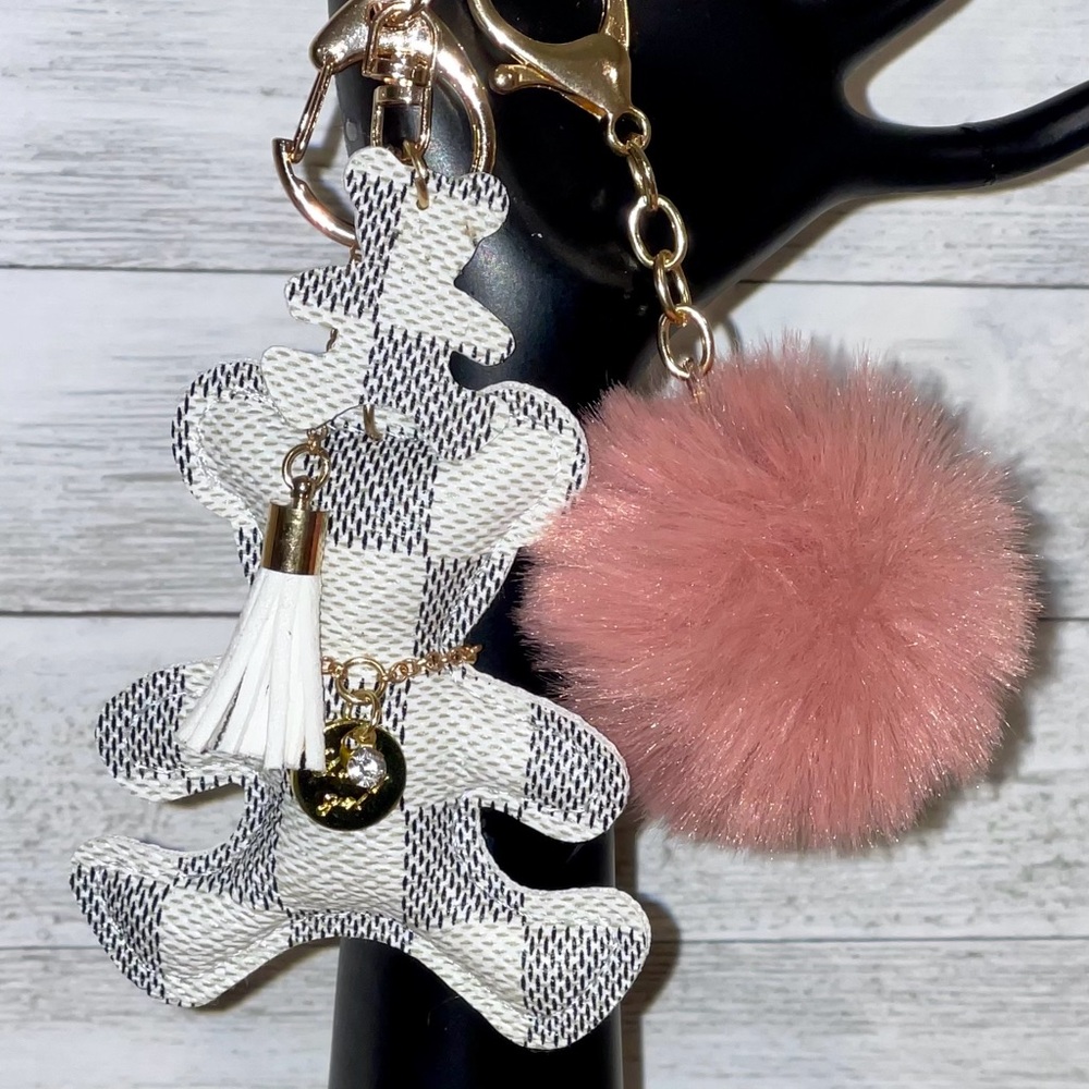 Plaid Bear Keychain with Pink Pom Pom